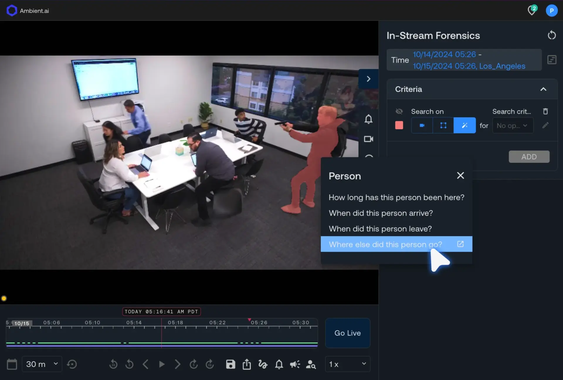 Surveillance footage screen showing a conference room with five people at a table; one person is highlighted in red holding a gun, with an in-stream forensics sidebar displaying person tracking questions.