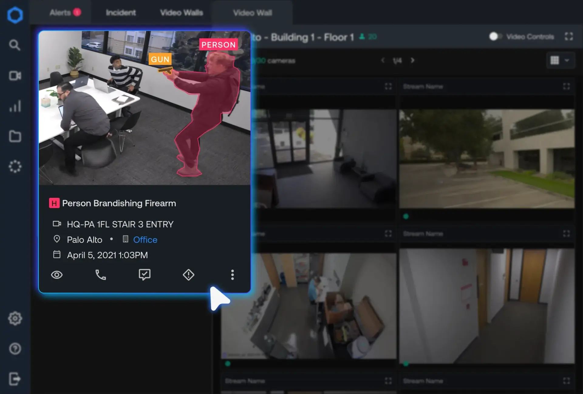 Security camera feed interface showing a person brandishing a firearm labeled with 'PERSON' and 'GUN' tags in an office setting with two frightened individuals.