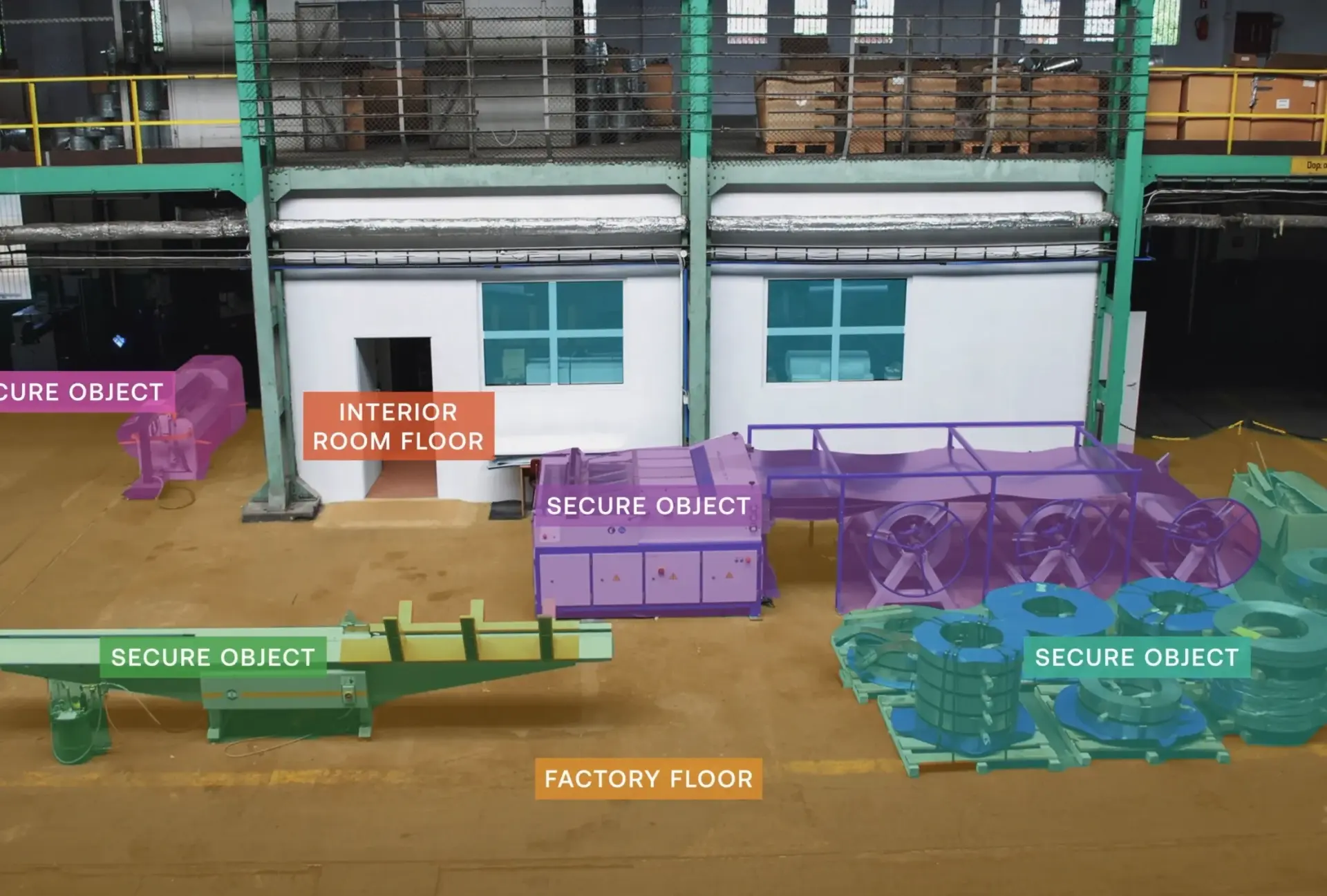 Factory floor with various industrial machines and equipment labeled as 'Secure Object' and areas marked 'Interior Room Floor' and 'Factory Floor'.