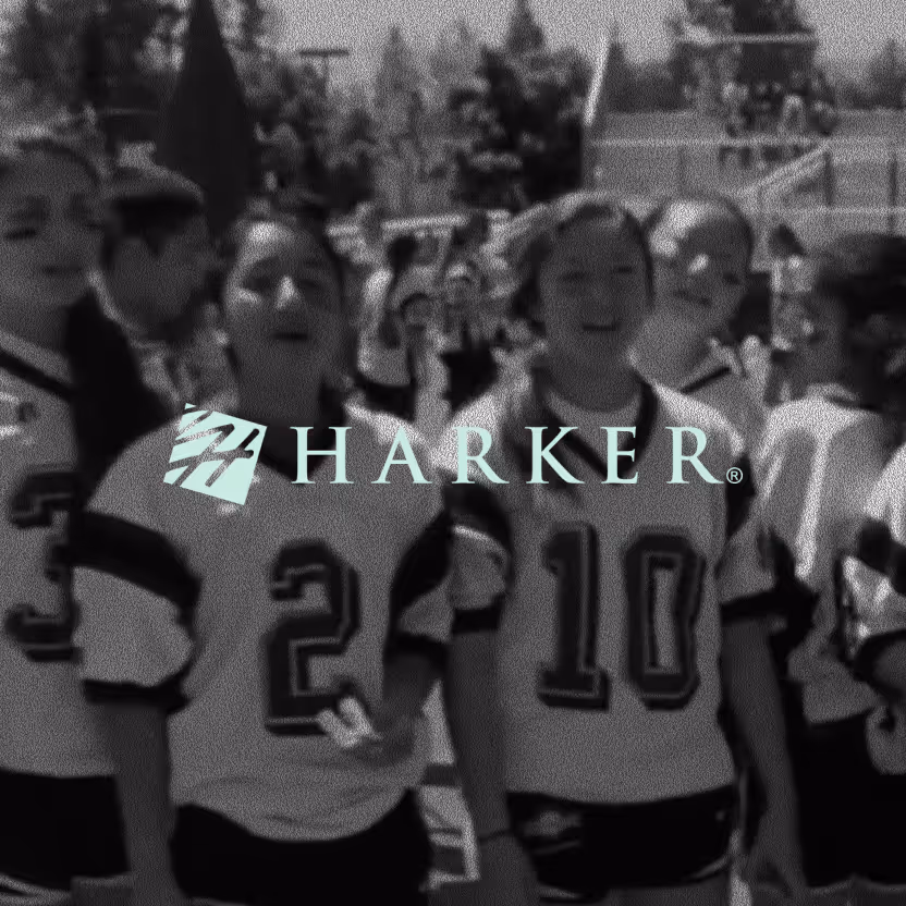 Group of young athletes wearing numbered sports jerseys standing outdoors with the Harker logo overlay.