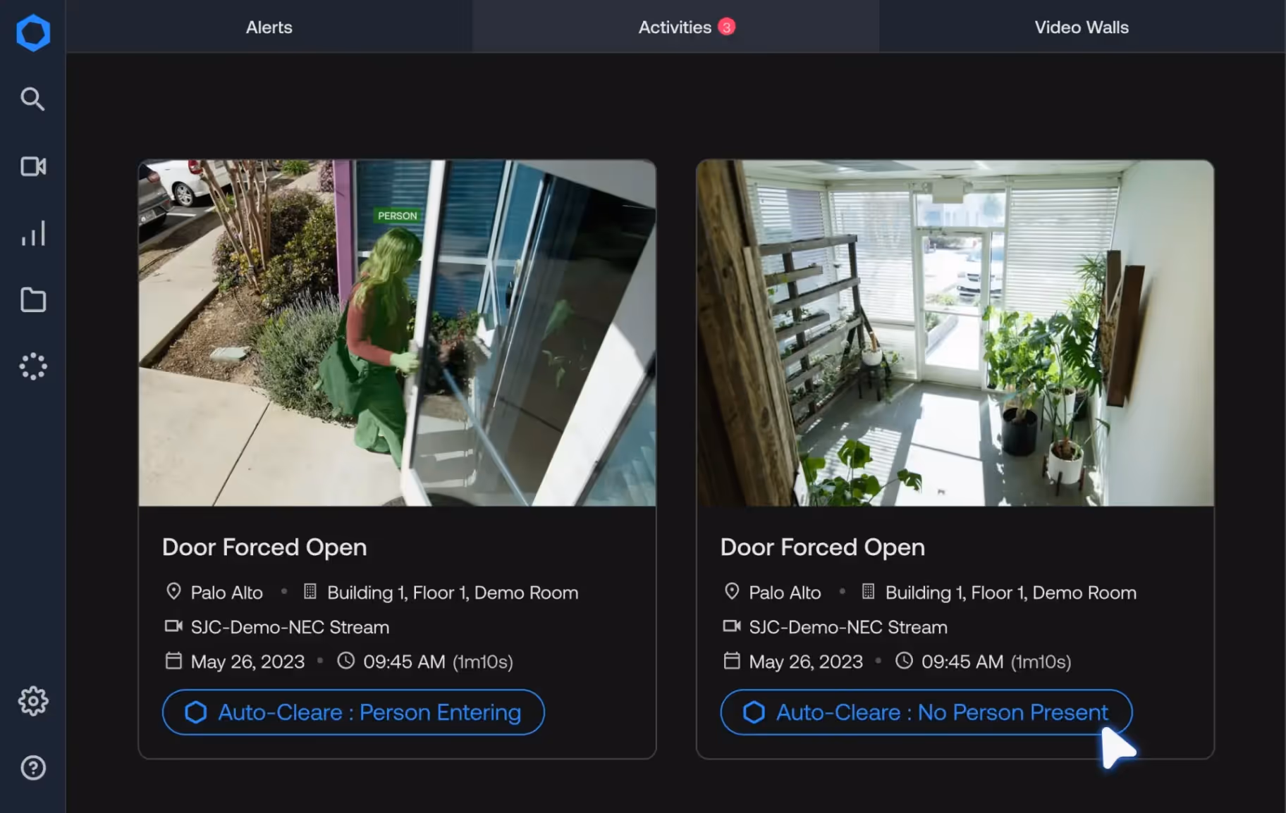 Security dashboard showing two alerts for a forced open door in Palo Alto, one with a person entering and one with no person present.