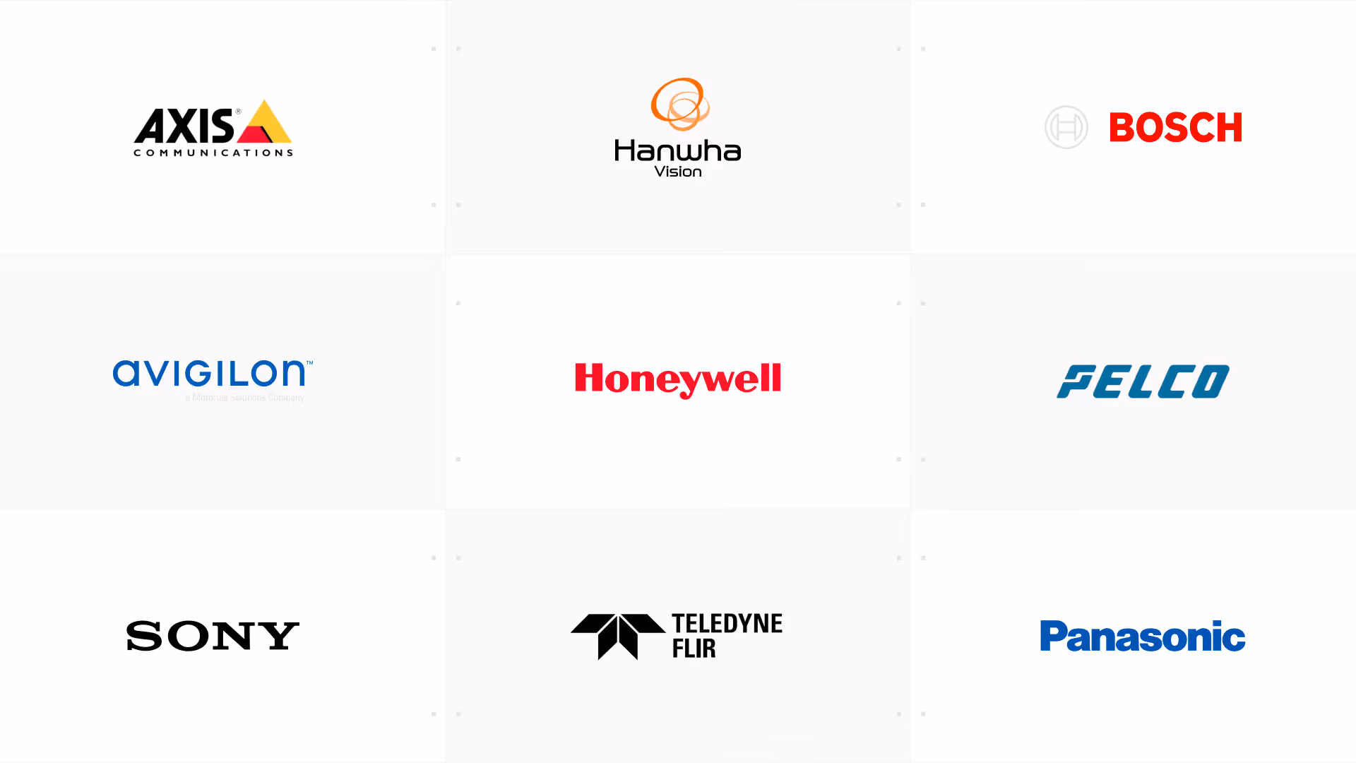 Grid of nine technology and electronics company logos including Axis Communications, Hanwha Vision, Bosch, Avigilon, Honeywell, Felco, Sony, Teledyne FLIR, and Panasonic.