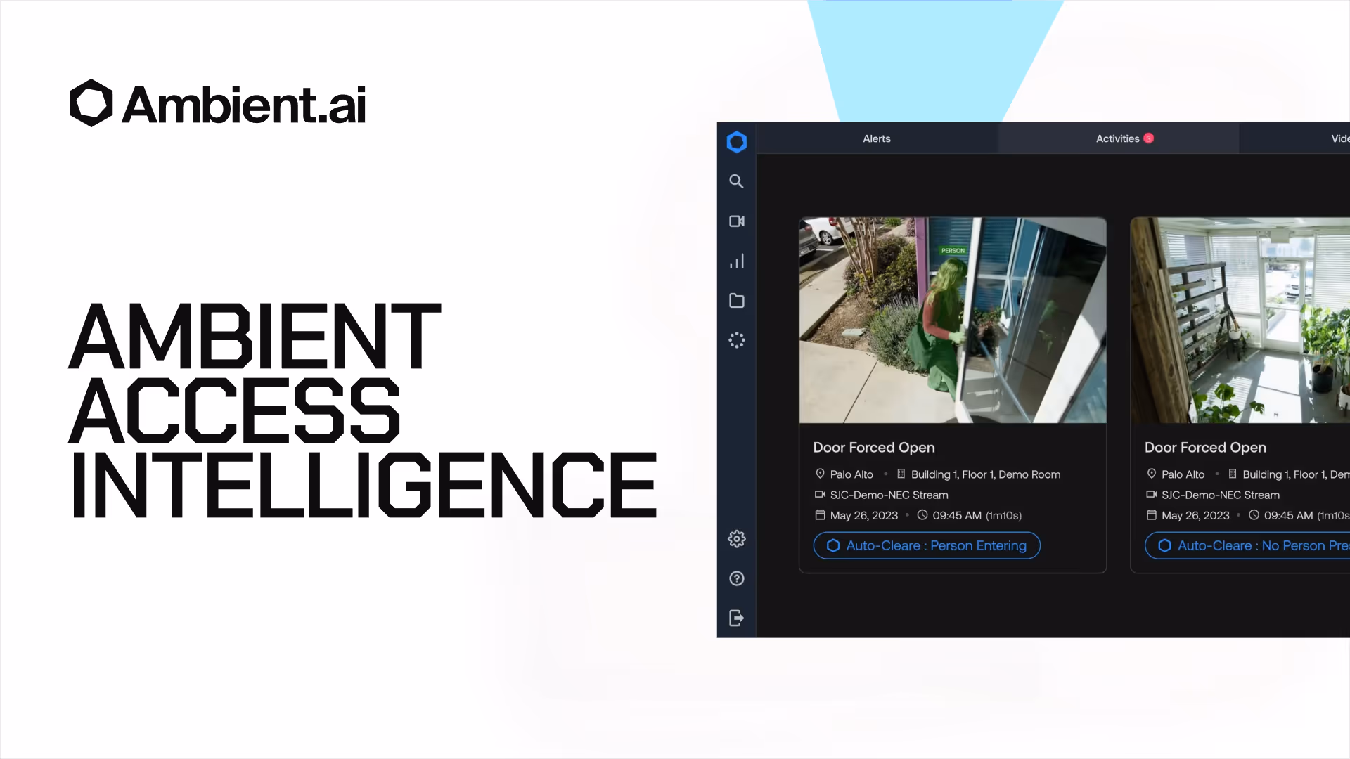 Ambient.ai logo with text Ambient Access Intelligence and a software interface showing alerts for forced open doors with video thumbnails.