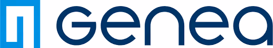 Genea company logo with a stylized blue icon and lowercase text.