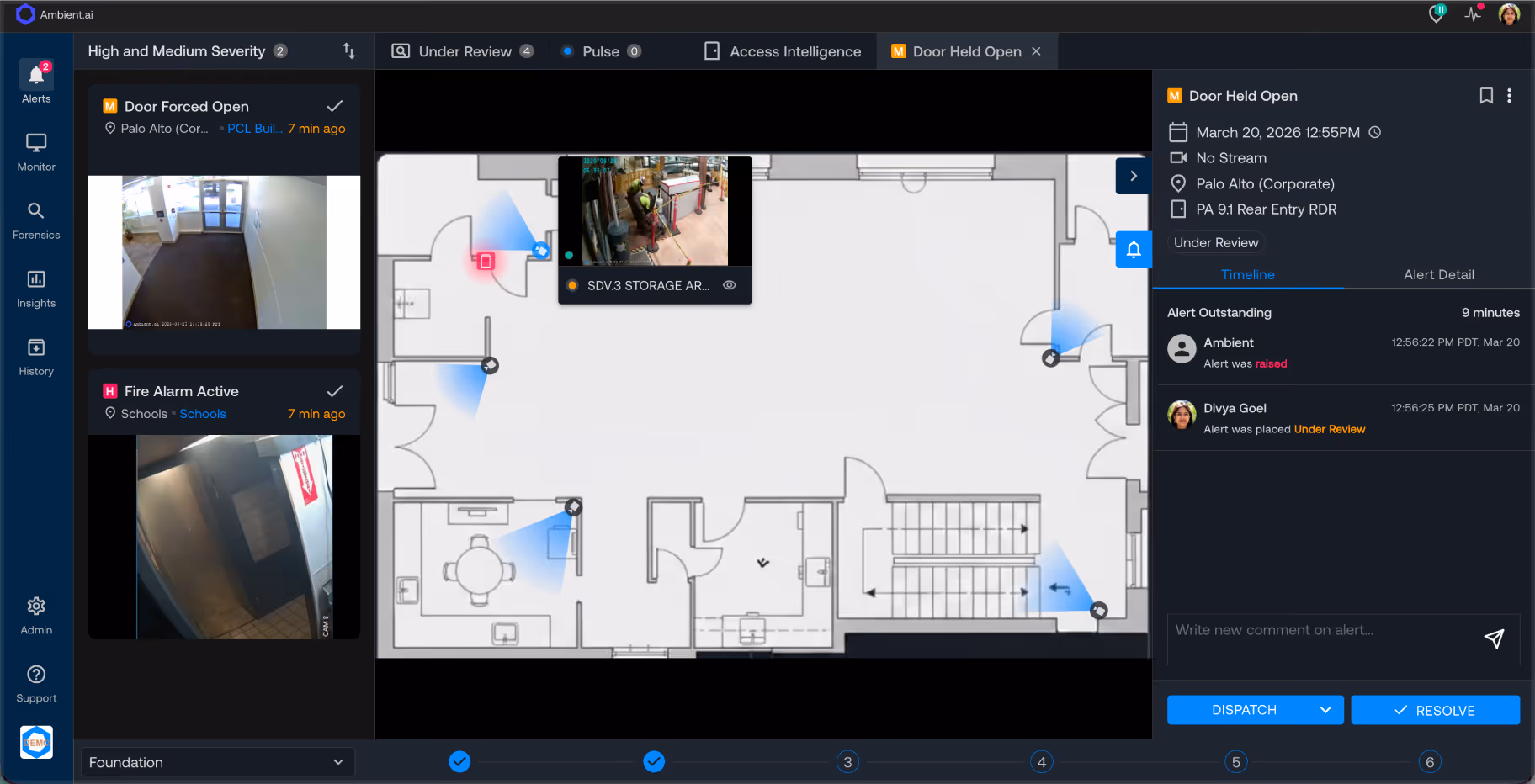 Security dashboard showing a floor plan with camera locations, active alerts for a forced door open and fire alarm, and live camera feed previews.