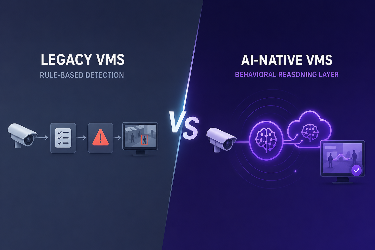 Architecture diagram comparing legacy VMS rule-based detection pipeline with Ambient Foundation's edge-cloud behavioral reasoning layer.