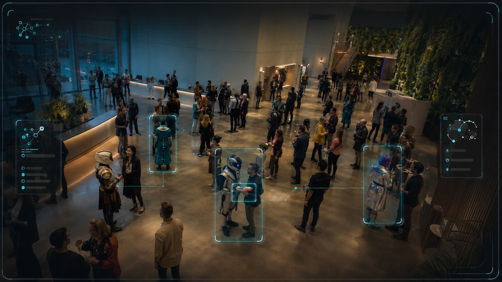 Overhead security-camera view of a busy lobby where an AI overlay highlights costumed figures and a toy blaster, illustrating contextual scene understanding