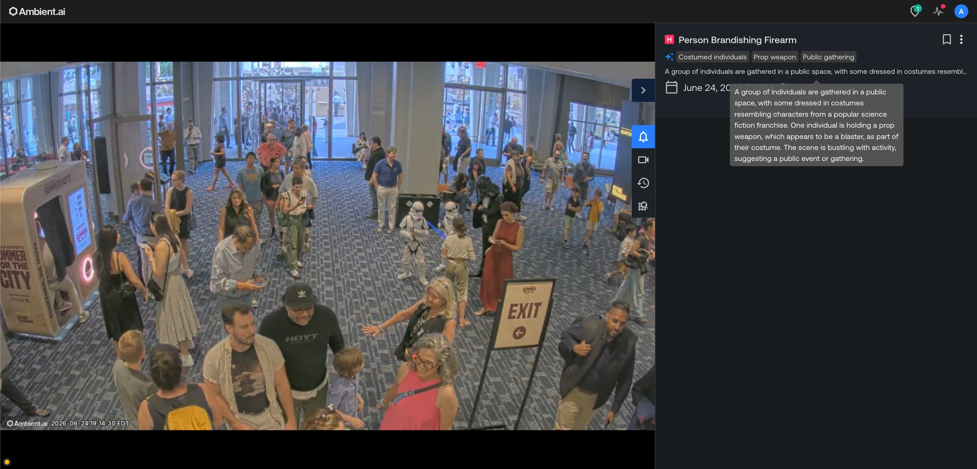 Ambient.ai platform showing a Person Brandishing Firearm alert tagged costumed individuals, prop weapon, and public gathering, resolved quickly.