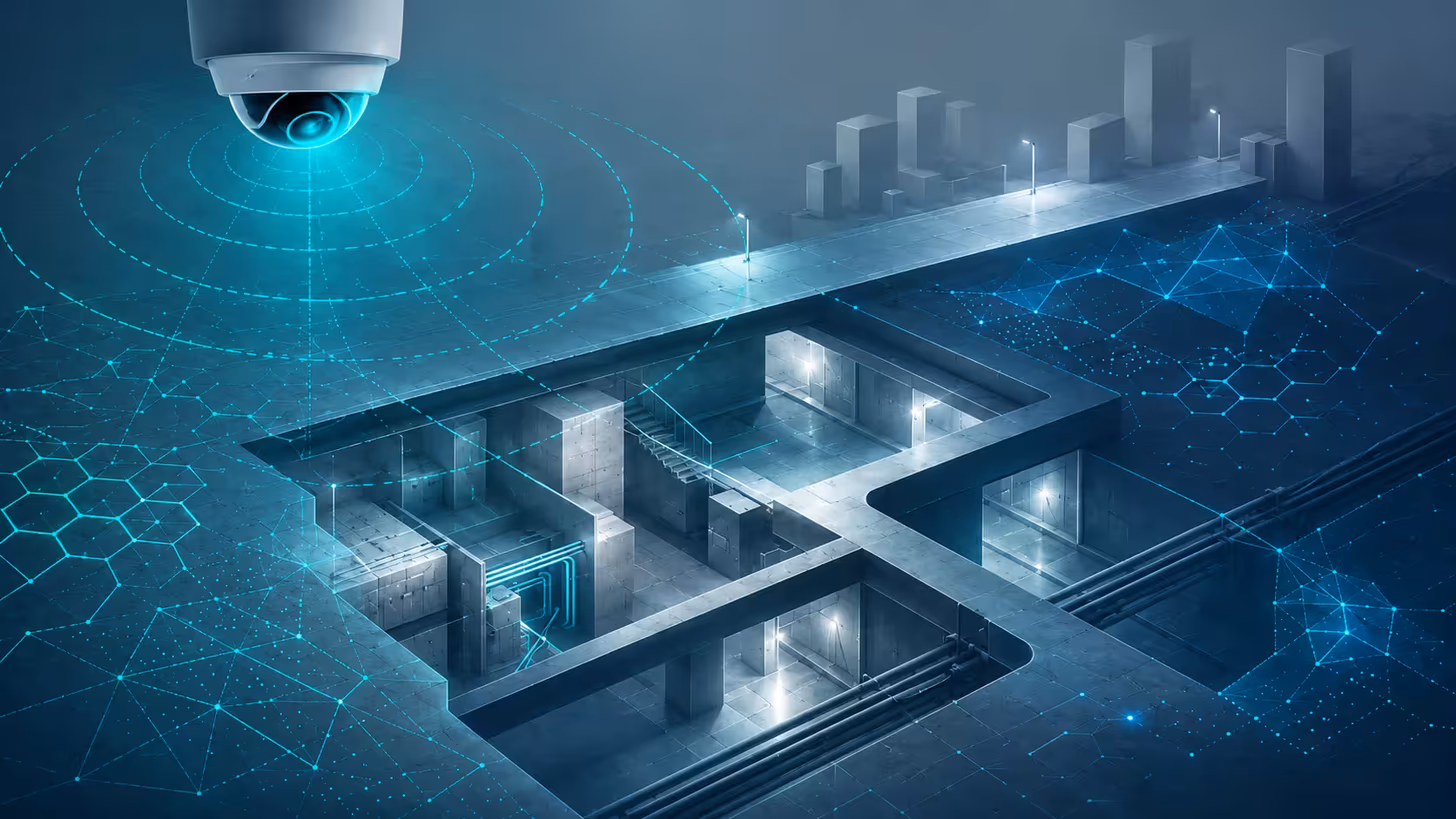 Abstract visualization of dark urban infrastructure with surveillance camera overlays and AI signal detection