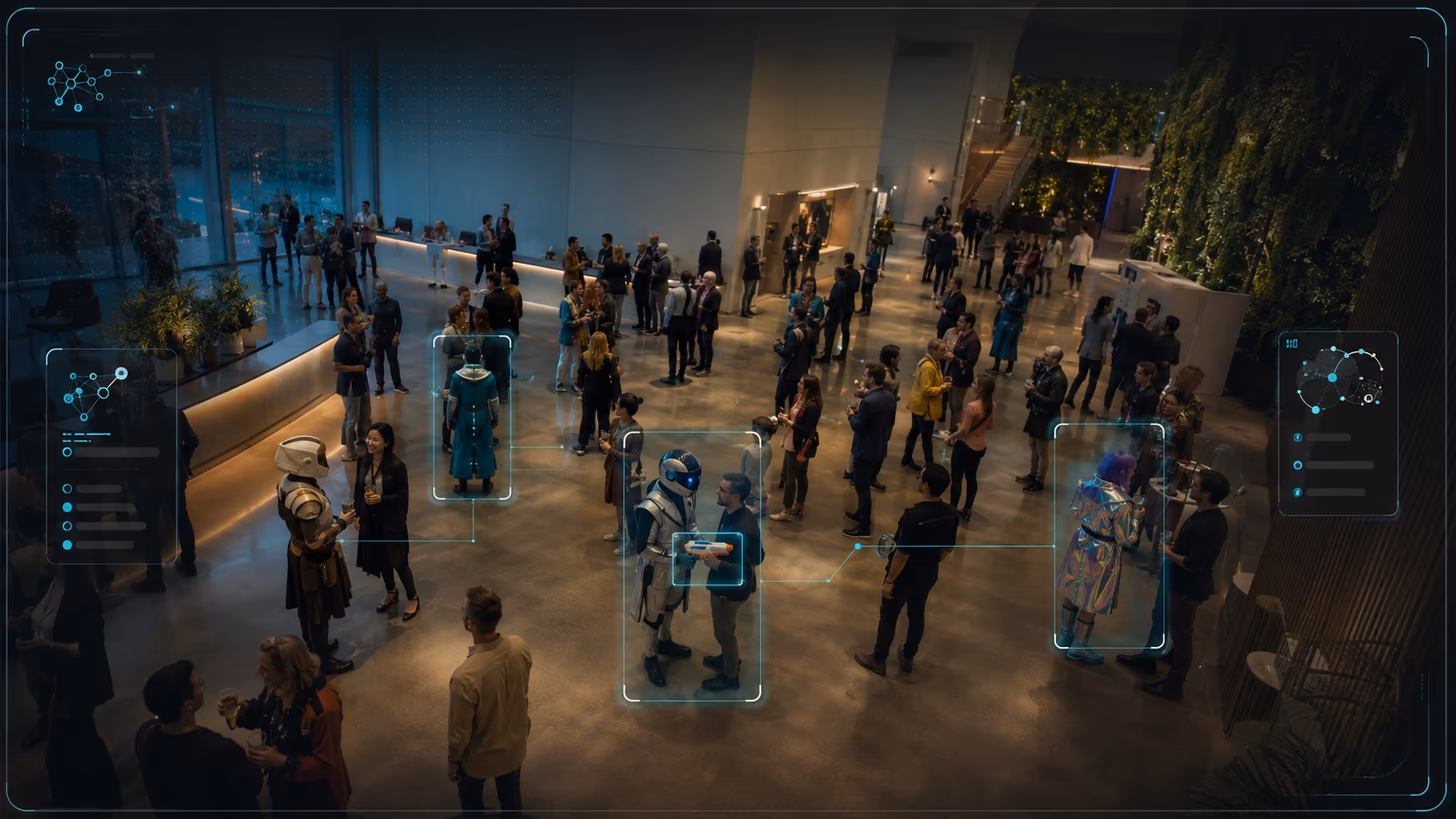 Overhead security-camera view of a busy lobby where an AI overlay highlights costumed figures and a toy blaster, illustrating contextual scene understanding