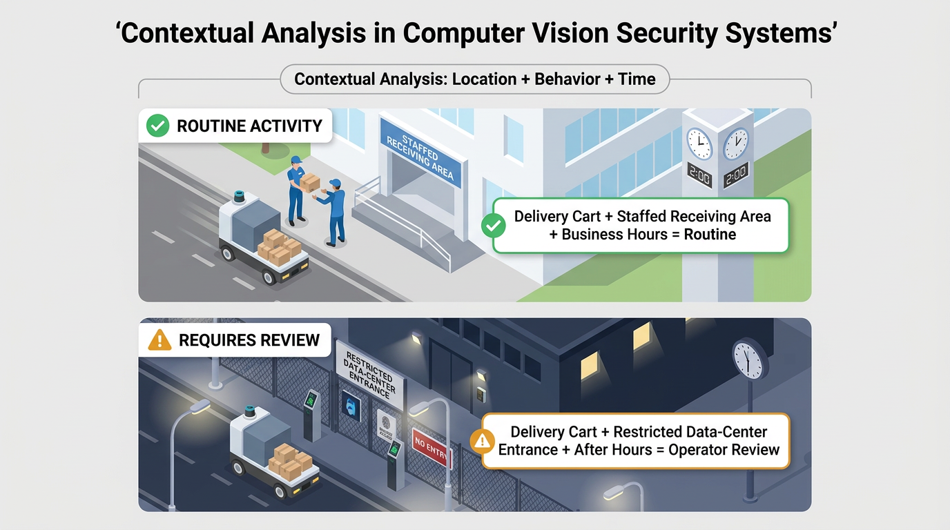 Infographic showing contextual analysis in computer vision security: a delivery cart at a staffed receiving area during business hours marked routine, versus a delivery cart at a restricted data-center entrance after hours flagged for operator review.