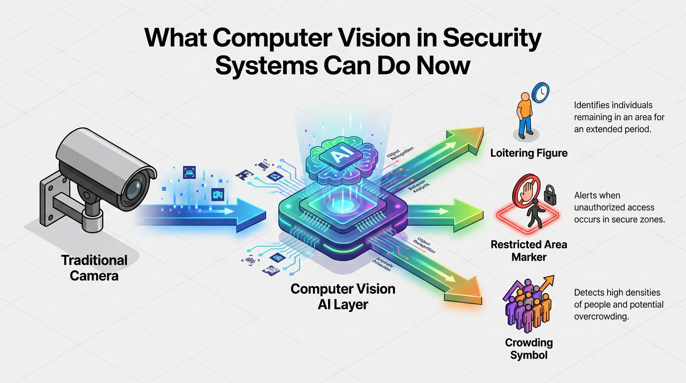 Infographic showing a traditional security camera feeding a computer vision AI layer that detects loitering, restricted area access, and crowding in security systems.