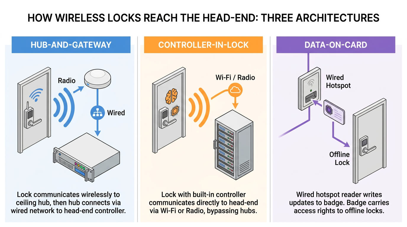 Infographic comparing three wireless lock network architectures: hub-and-gateway, controller-in-lock, and data-on-card, showing how door locks communicate with head-end systems via radio, Wi‑Fi, wired hubs, hotspots, and access badges.