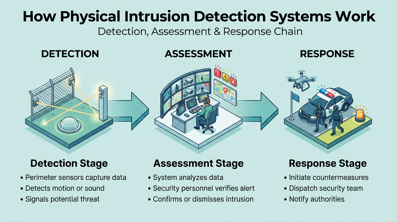 Infographic explaining physical intrusion detection systems: detection sensors identify threats, assessment verifies alerts via monitoring, and response dispatches security teams and countermeasures.