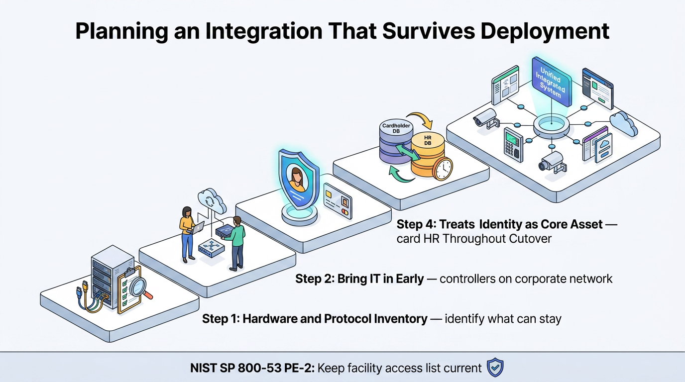 Infographic titled “Planning an Integration That Survives Deployment,” showing staged system integration steps: hardware/protocol inventory, early IT involvement, identity as a core asset, and unified security system deployment, with NIST SP 800-53 PE-2 guidance.
