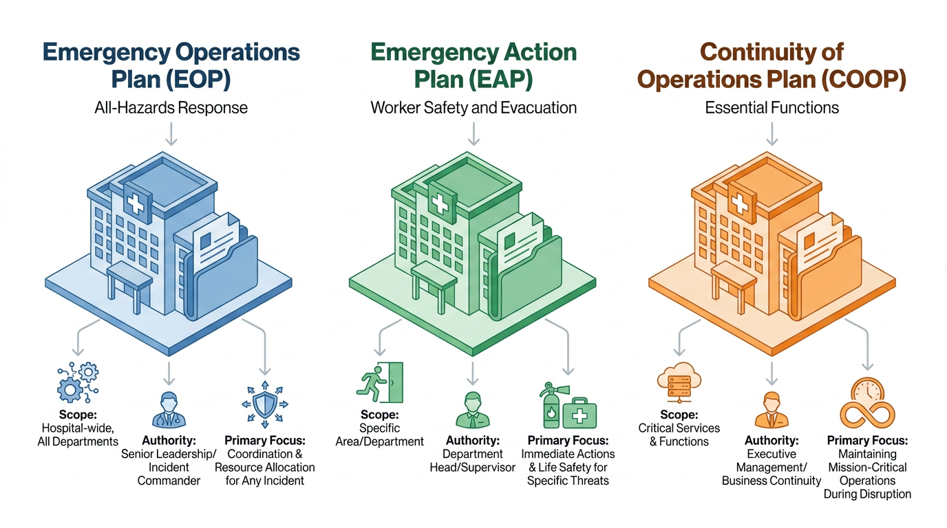 Infographic comparing Emergency Operations Plan, Emergency Action Plan, and Continuity of Operations Plan, showing hospital icons and differences in scope, authority, and primary focus for emergency response, worker safety, and maintaining critical operations.