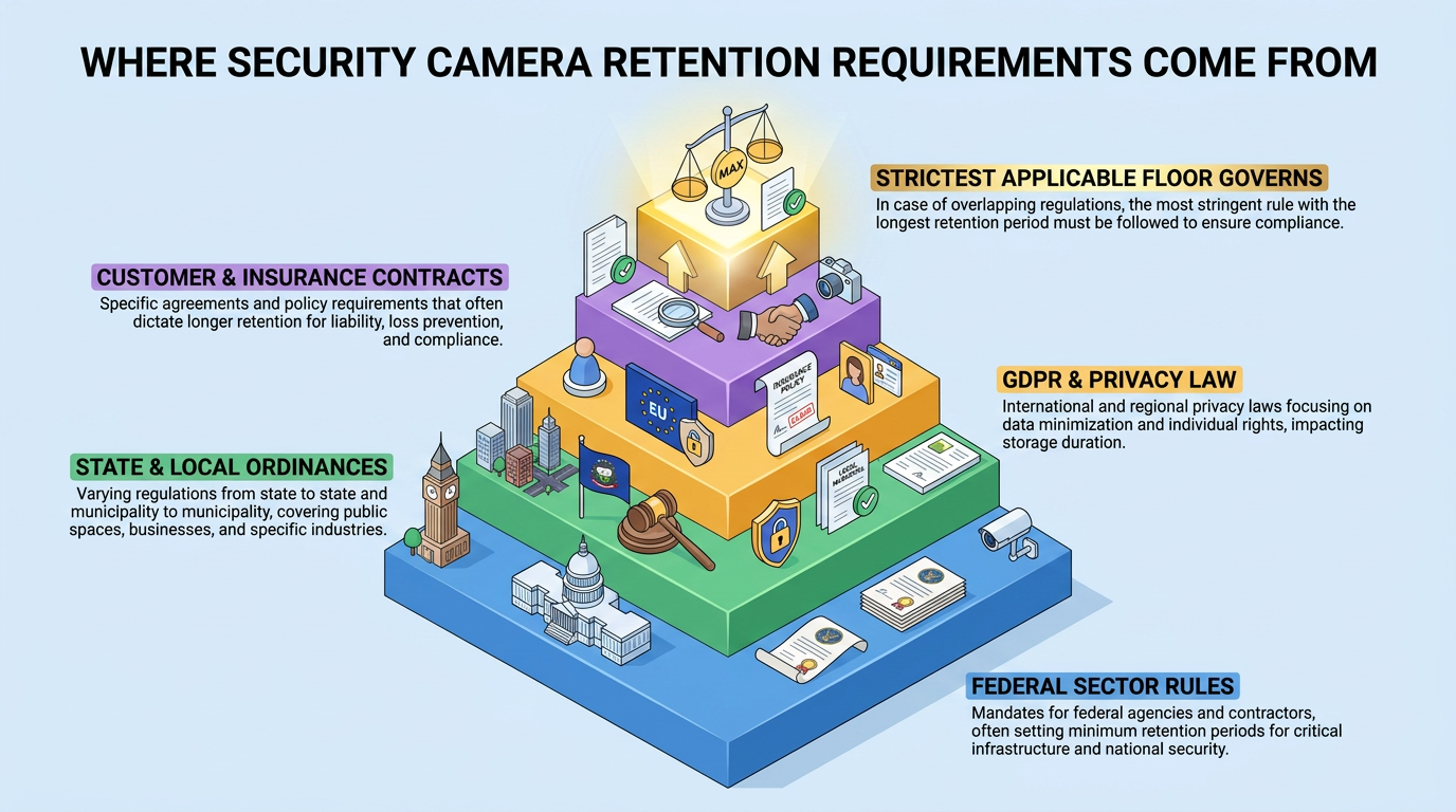 Infographic showing sources of security camera retention requirements: federal rules, state and local ordinances, GDPR and privacy law, customer and insurance contracts, and the strictest applicable regulation governing compliance.