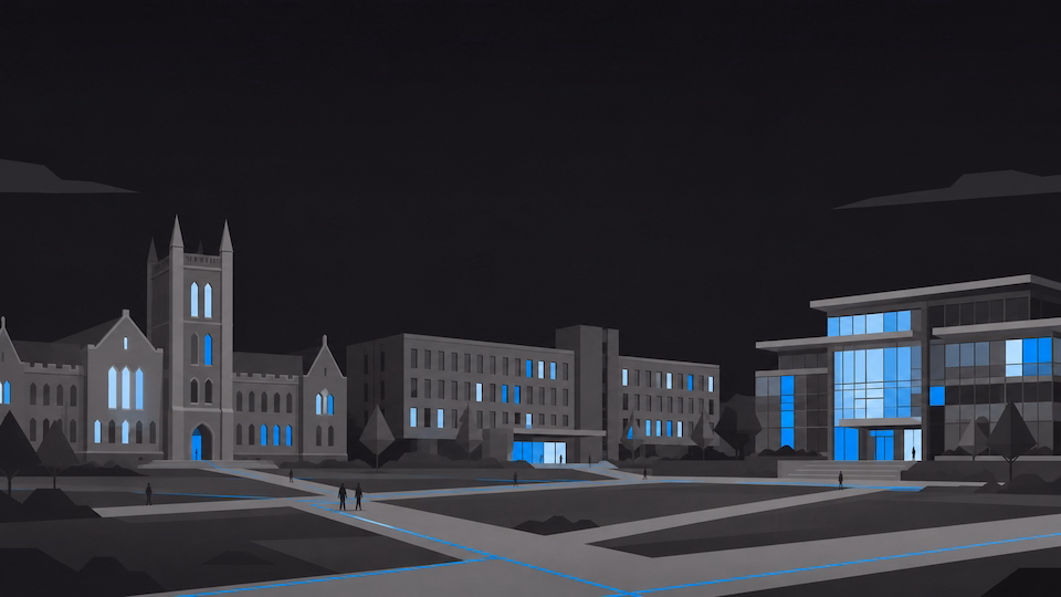 An open university campus spanning buildings of several different eras.