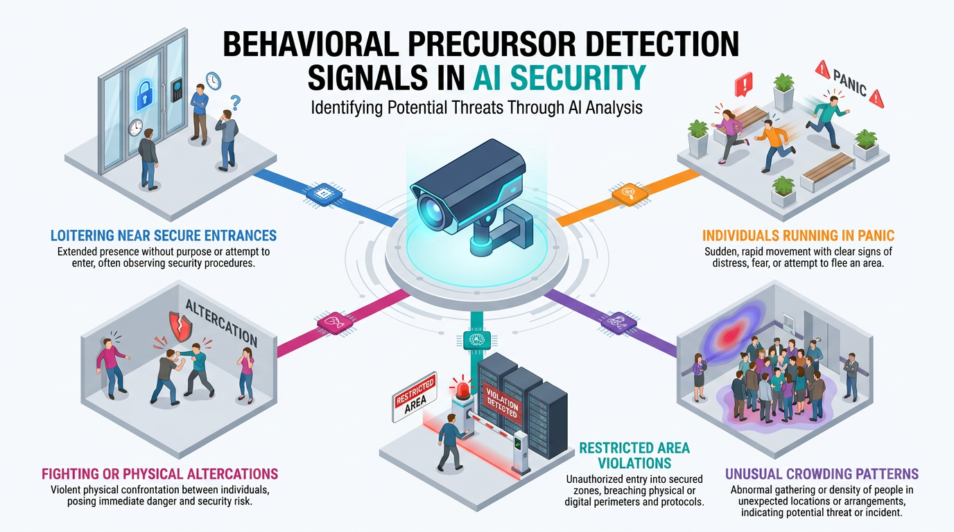 Infographic on AI security surveillance detecting behavioral precursor signals, including loitering near secure entrances, panic running, physical altercations, restricted area violations, and unusual crowding patterns via camera analysis.