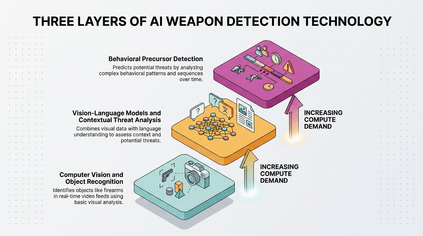 Infographic showing three layers of AI weapon detection technology: computer vision object recognition, vision-language contextual threat analysis, and behavioral precursor detection, stacked with arrows indicating increasing compute demand.