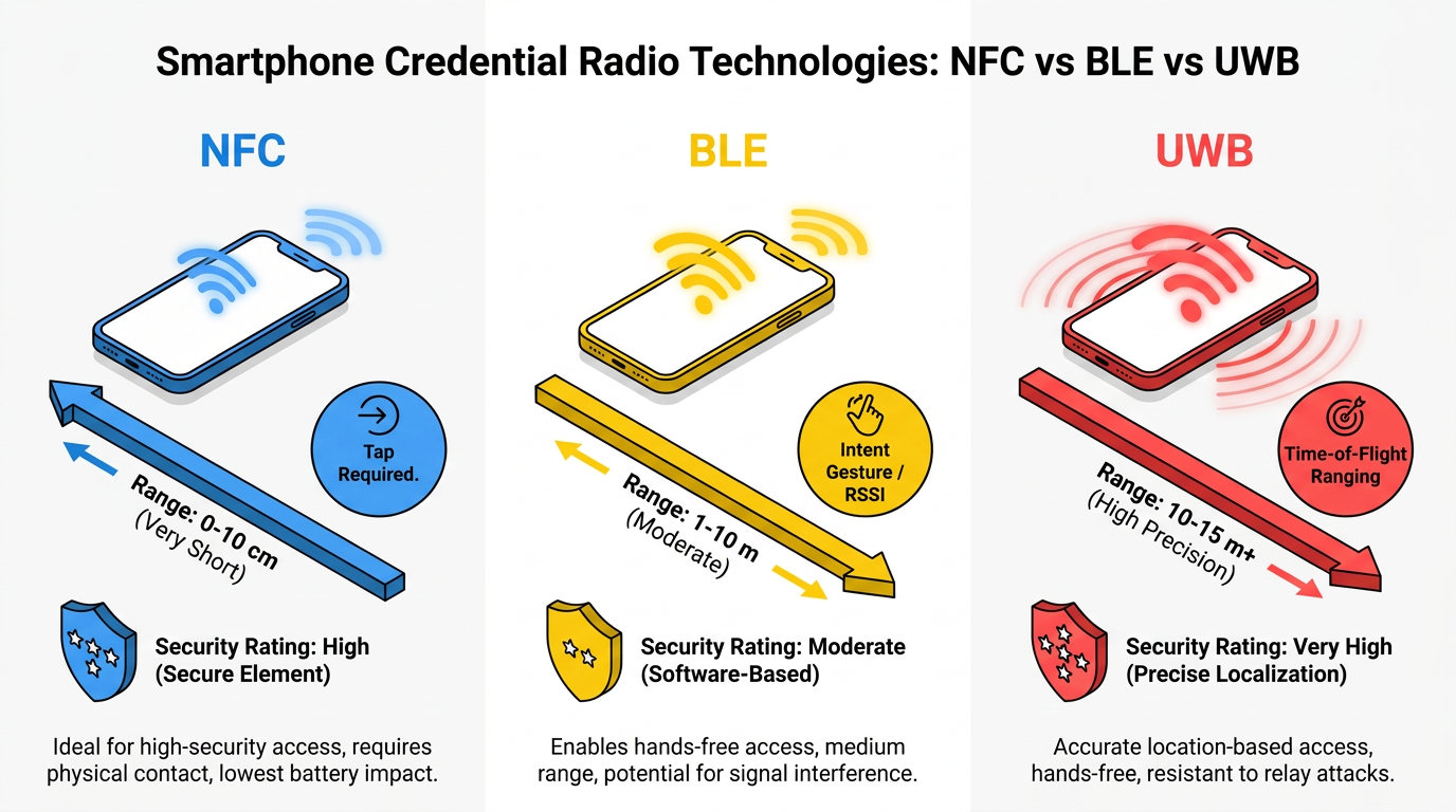 Infographic comparing smartphone credential radio technologies NFC, BLE, and UWB, showing ranges, interaction methods, security ratings, and use cases for mobile access control.