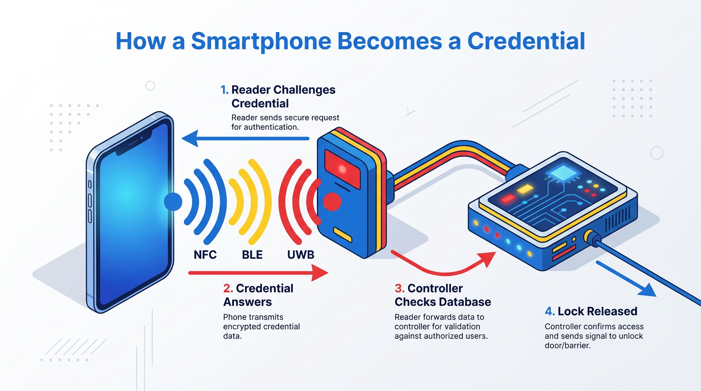 Infographic explaining how a smartphone becomes a credential using NFC, BLE, or UWB: a reader challenges the phone, the phone sends encrypted data, a controller validates it, and the lock is released.