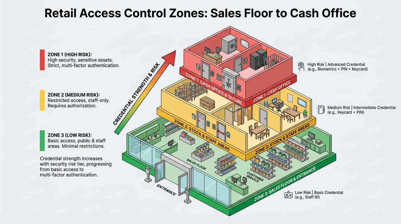 Infographic showing retail access control zones from sales floor to cash office, with low, medium, and high risk areas color-coded by credential strength and authentication requirements.