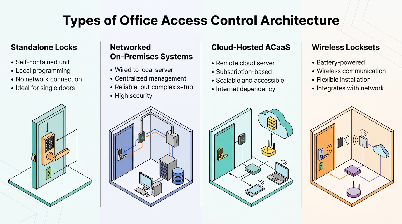 Infographic comparing office access control architectures: standalone locks, networked on-premises systems, cloud-hosted ACaaS, and wireless locksets, with key features and diagrams of doors, servers, cloud connections, and wireless devices.