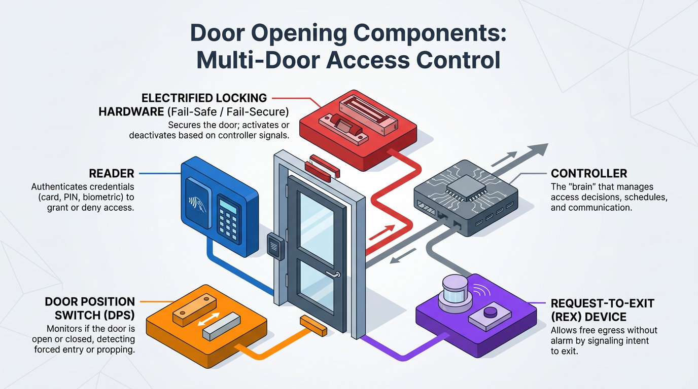 Diagram of multi-door access control components: reader, electrified lock, door position switch, request-to-exit device, and controller connected to a central door, showing authentication, locking, monitoring, exit signaling, and access management.