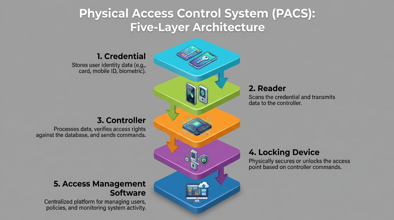 Infographic illustrating a Physical Access Control System (PACS) five-layer architecture: credential, reader, controller, locking device, and access management software, shown as stacked colored layers with icons and explanatory labels.
