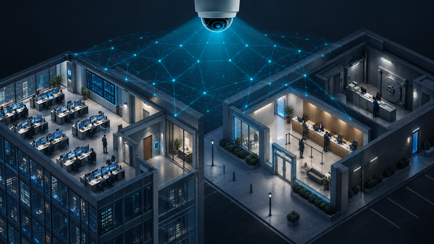 An isometric illustration of a trading floor and a bank branch, each with a public zone and a restricted zone, unified by one security system's detection signal reading both buildings at once.