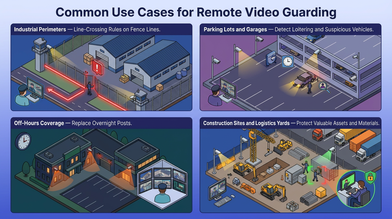 Infographic showing common remote video guarding use cases: industrial perimeter monitoring, parking lot surveillance, off-hours building coverage, and construction site protection with cameras, alerts, and security operators.