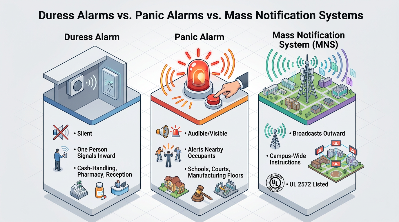 Infographic comparing duress alarms, panic alarms, and mass notification systems, showing alert methods, audiences, use cases, and features like silent inward signals, audible alerts, campus-wide broadcasts, and UL 2572 listing.