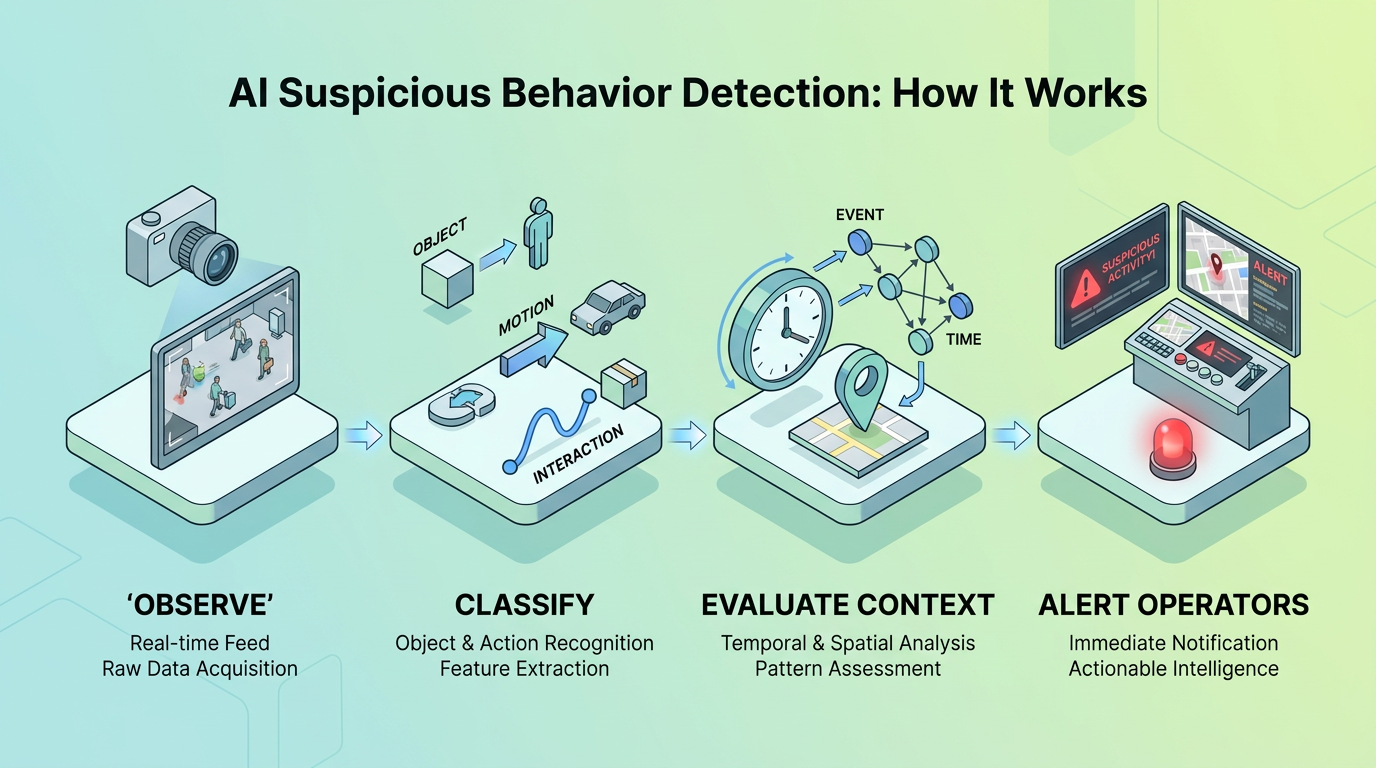 Infographic explaining AI suspicious behavior detection workflow: observe real-time video, classify objects and actions, evaluate temporal and spatial context, then alert operators with actionable security intelligence.