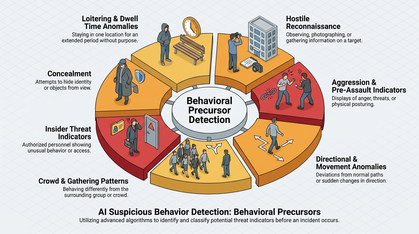 Infographic on AI suspicious behavior detection, showing behavioral precursor indicators such as loitering, concealment, hostile reconnaissance, aggression, movement anomalies, crowd patterns, and insider threats around a central detection hub.