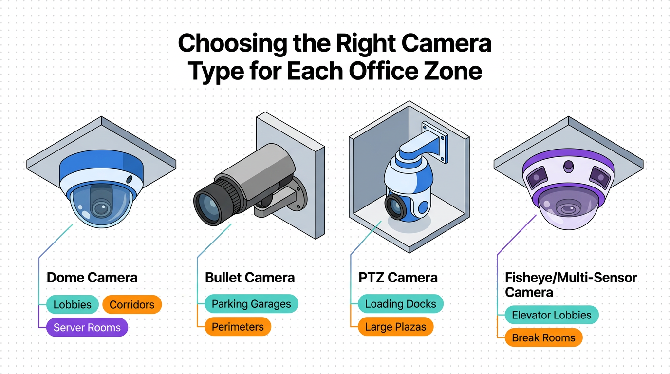 Infographic comparing office security camera types and recommended zones: dome cameras for lobbies, corridors, server rooms; bullet cameras for garages and perimeters; PTZ cameras for loading docks and plazas; fisheye/multi-sensor cameras for elevator lobbies and break rooms.
