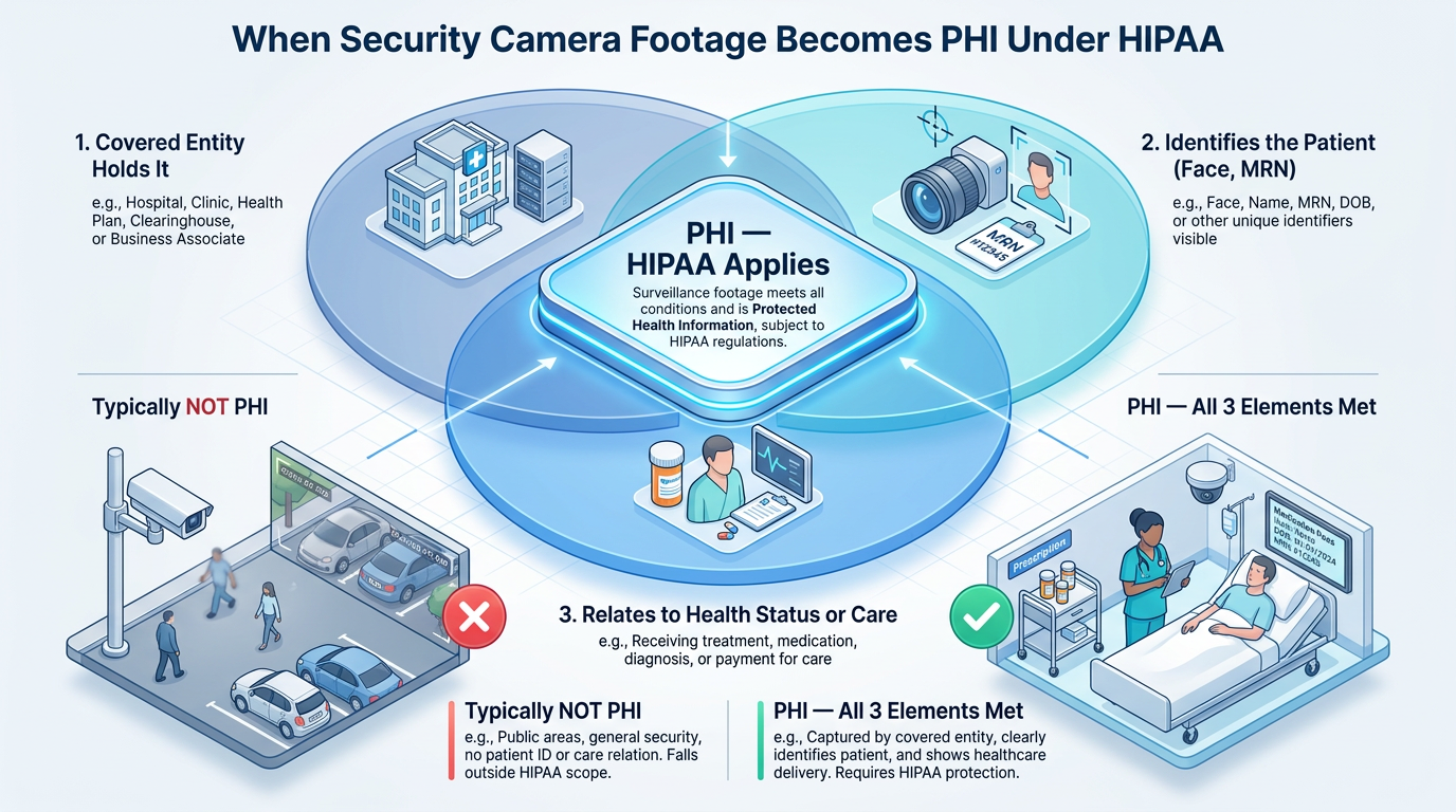 Infographic explaining when security camera footage becomes PHI under HIPAA: held by a covered entity, identifies a patient, and relates to health status or care, with examples of non-PHI public footage and PHI hospital-room surveillance.