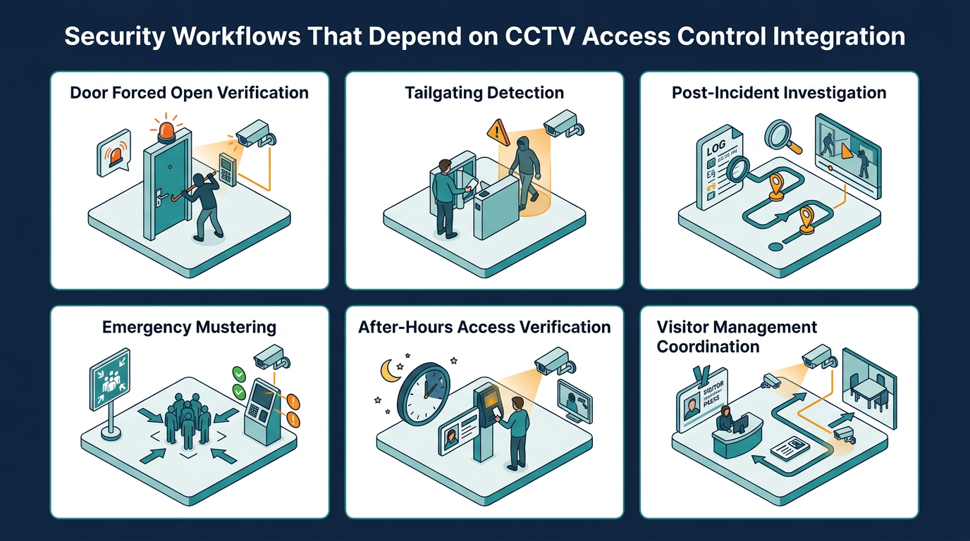 Infographic showing six security workflows enabled by CCTV and access control integration: forced door verification, tailgating detection, incident investigation, emergency mustering, after-hours access verification, and visitor management coordination.