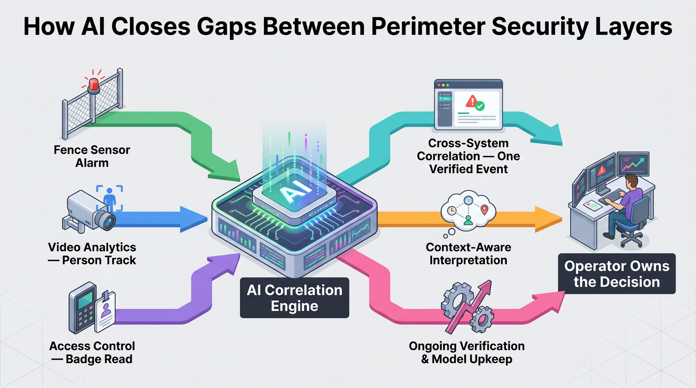 Infographic showing an AI correlation engine combining fence sensor alarms, video analytics, and access control data to verify events, add context, support ongoing model upkeep, and help security operators make decisions.
