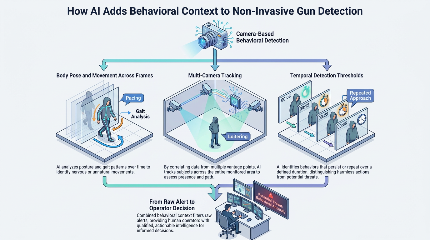 Infographic explaining how AI adds behavioral context to camera-based non-invasive gun detection using pose and gait analysis, multi-camera tracking, temporal thresholds, and operator alerts to identify suspicious anomalies.