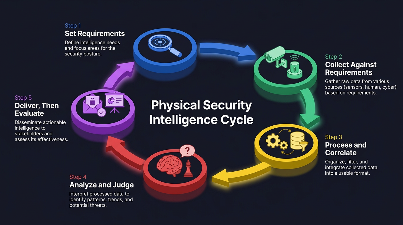 Infographic showing the Physical Security Intelligence Cycle: set requirements, collect data, process and correlate, analyze and judge, then deliver and evaluate, connected by colorful circular arrows with security-themed icons.