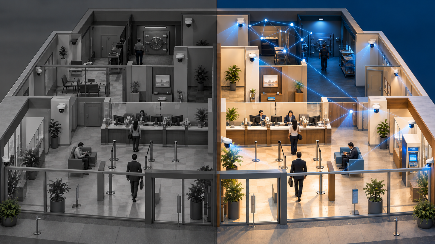 A photorealistic 3D-rendered isometric cutaway of one bank branch shown twice, split down the middle: one half in desaturated monochrome with dark, disconnected cameras and no visible signal, the other half in full color with the lobby lit for daytime and the vault corridor lit for evening, its cameras connected by a glowing blue signal mesh contained entirely on that side.