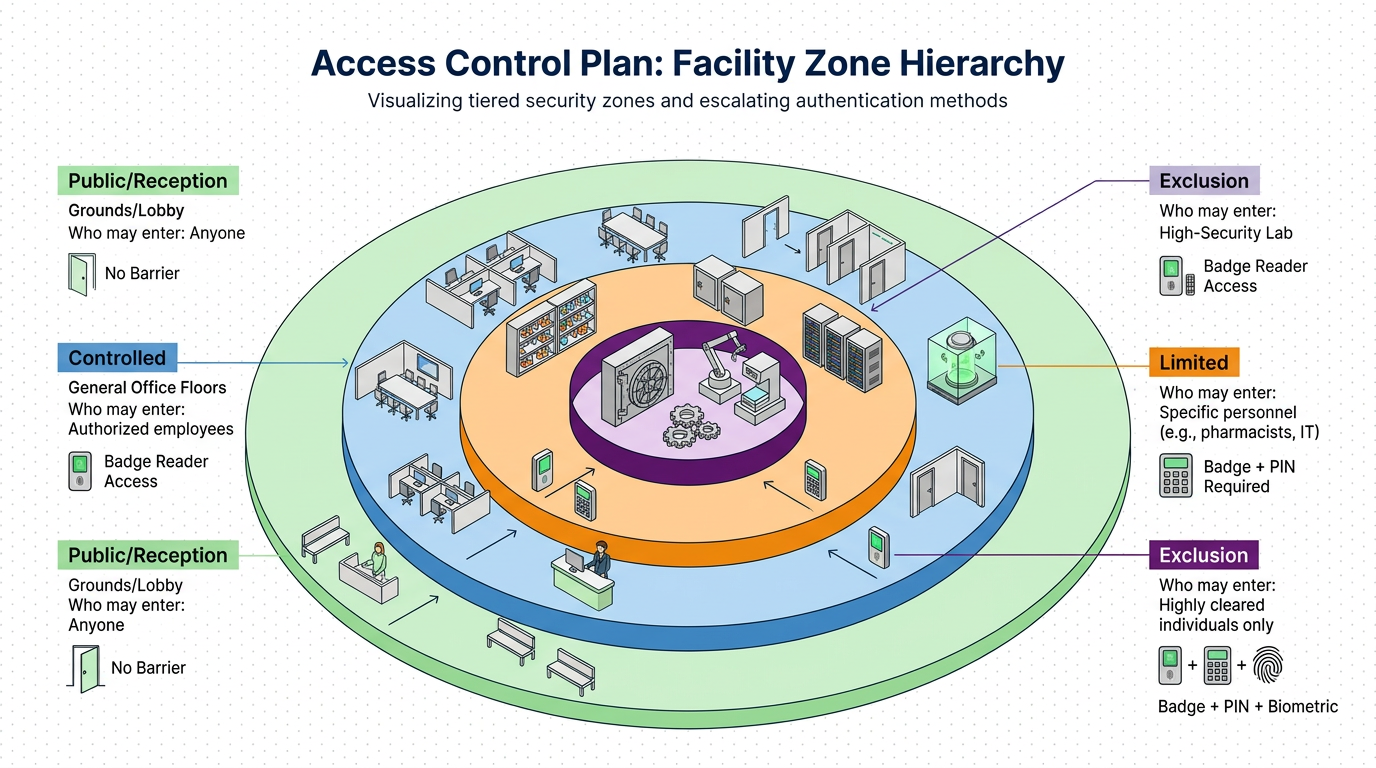Diagram of facility access control zones, showing nested security levels from public reception to controlled offices, limited areas, and high-security exclusion zones requiring escalating authentication: badge, PIN, and biometric access.