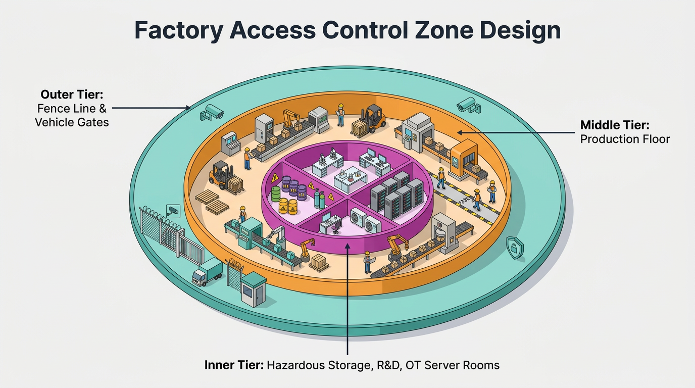 Factory access control zone design diagram showing outer fence and vehicle gates, middle production floor, and inner restricted areas for hazardous storage, R&D, and OT server rooms.