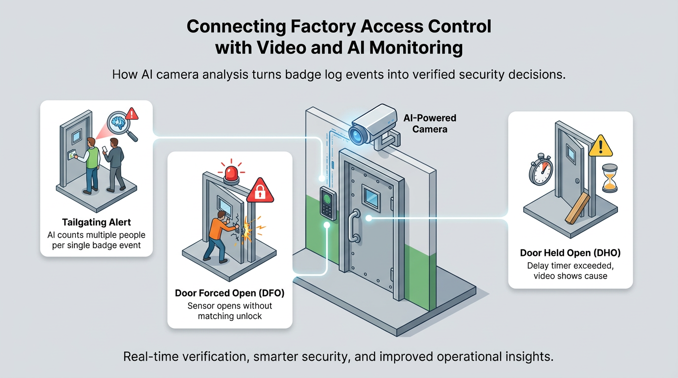 Infographic showing AI-powered camera monitoring linked to factory access control, verifying badge events and detecting tailgating, forced door openings, and doors held open for improved real-time security decisions.