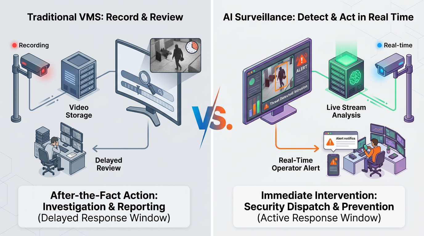 Infographic comparing traditional video management systems with AI surveillance, showing recorded footage and delayed review versus real-time live stream analysis, threat detection, operator alerts, and immediate security response.
