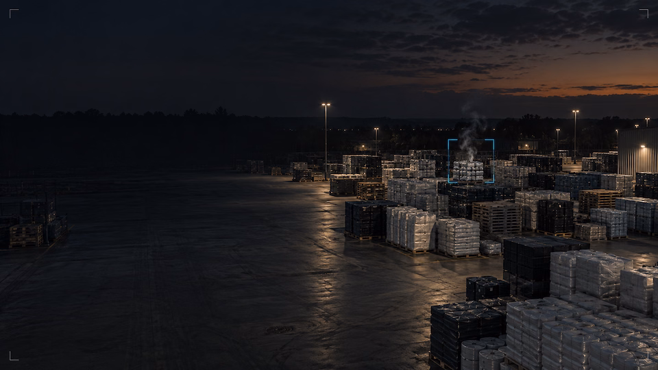 Security-camera view of an industrial pallet yard at dusk, a thin wisp of smoke rising at the edge of the stacks inside a blue focus bracket.