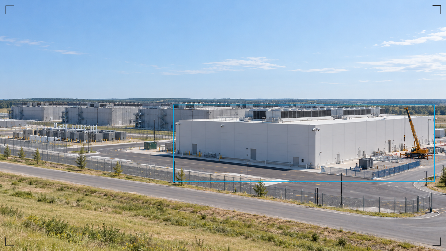 A hyperscale data center campus in daylight, with a row of weathered data halls and one newly completed hall beside a parked crane and construction fencing, framed by a thin cyan detection bracket.
