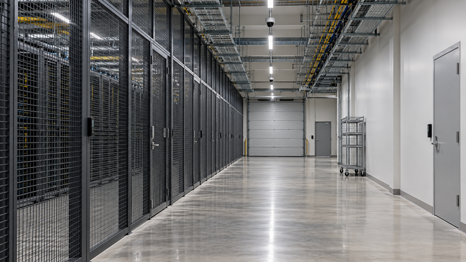An empty corridor inside a colocation data center, with mesh-walled tenant cages along the left side and a closed loading-dock door at the far end beside a parked cart.