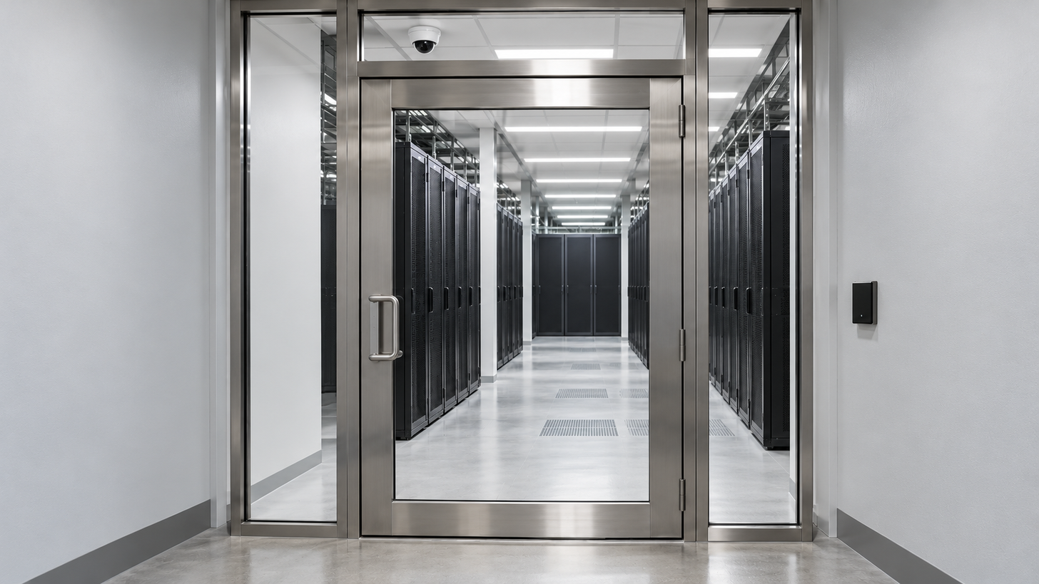 A secure interlocking entry into a data center hall with a badge reader and a ceiling camera over the door.